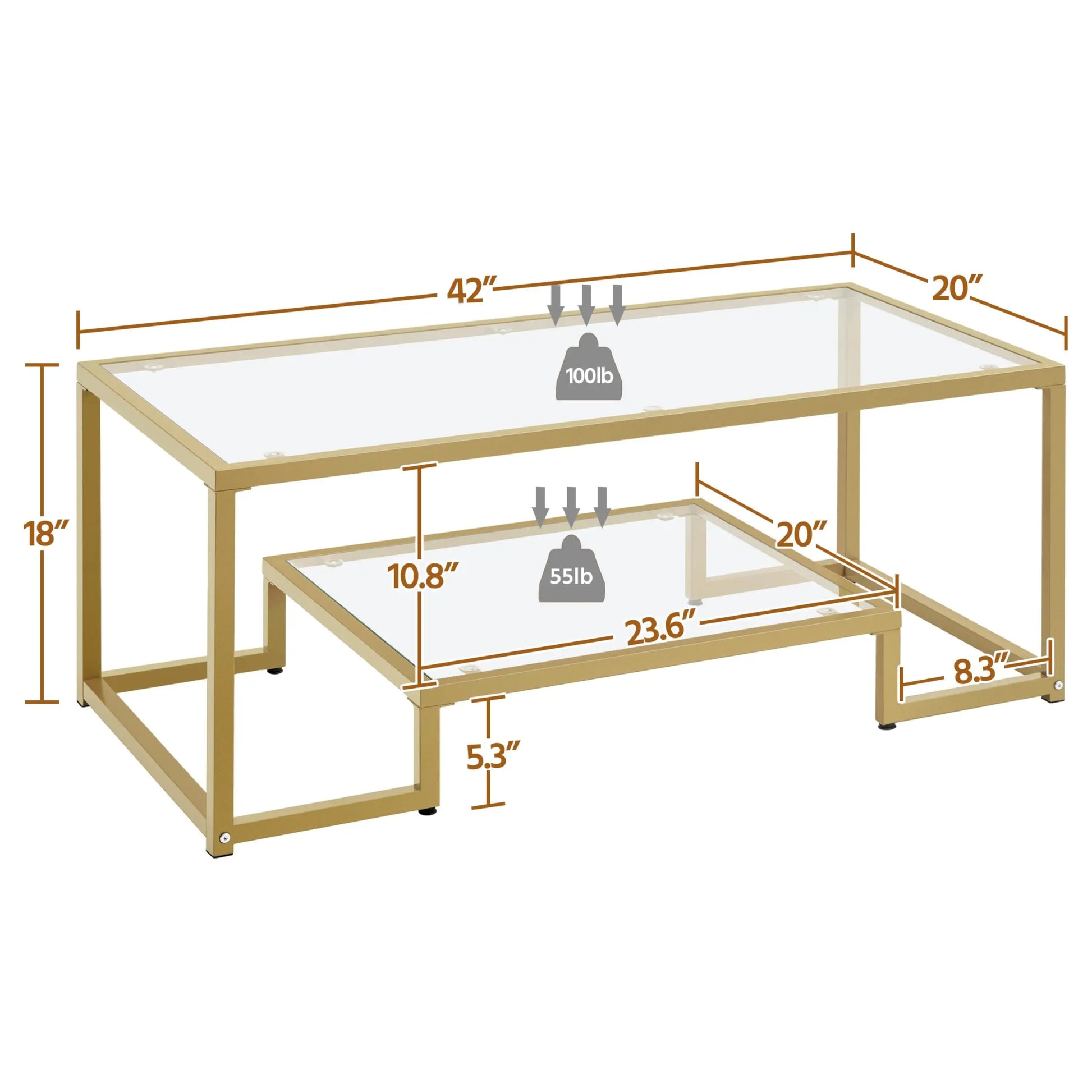 42" Rectangular Glass Coffee Table with Gold Metal Frame, 2-Tier Center Table for Living Room, Office, or Small Spaces Yaheetech