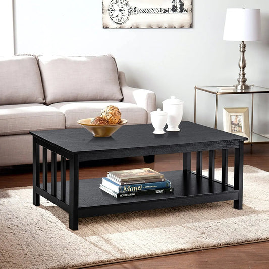 Black Wood Mission Coffee Table with Shelf, 40 Inch Living Room Table ChooChoo