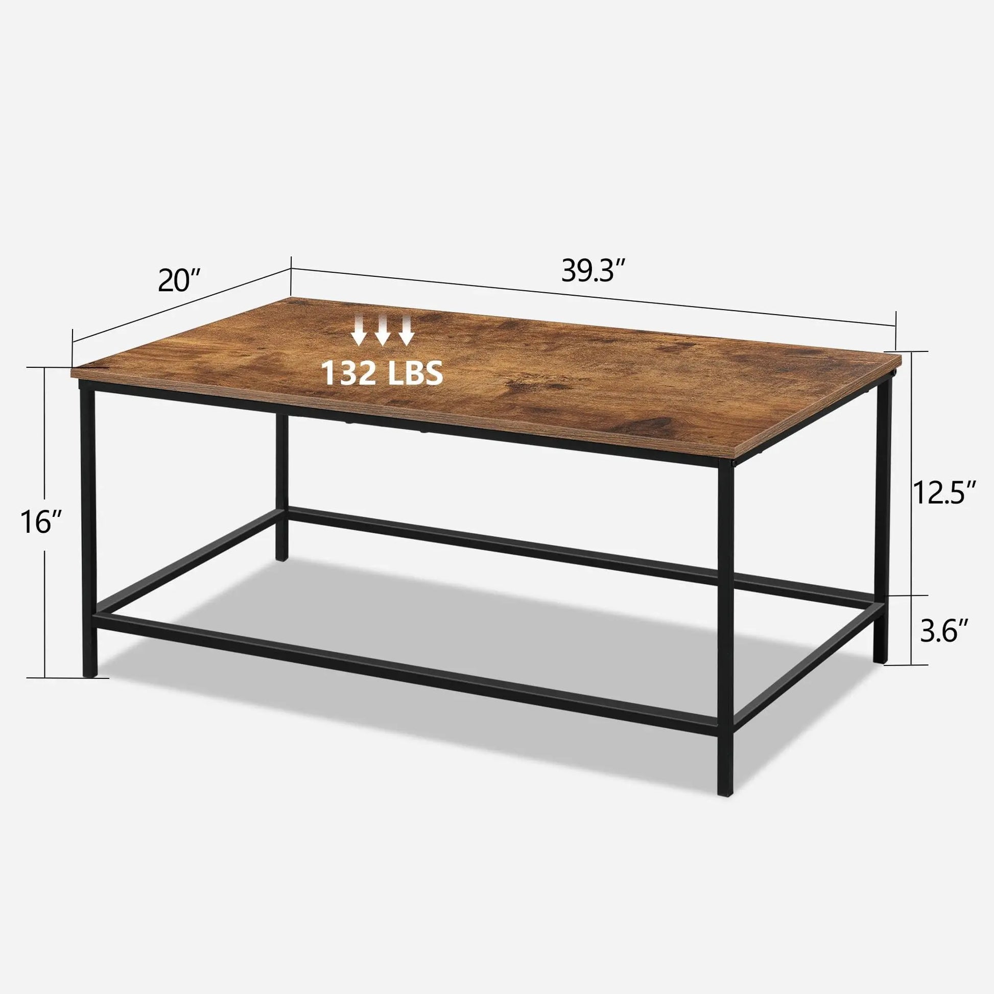Modern Industrial Rectangular Coffee Table, Brown Wood and Metal Frame, Rustic Accent Table for Living Room, 39.3"x20"x16" SENIG
