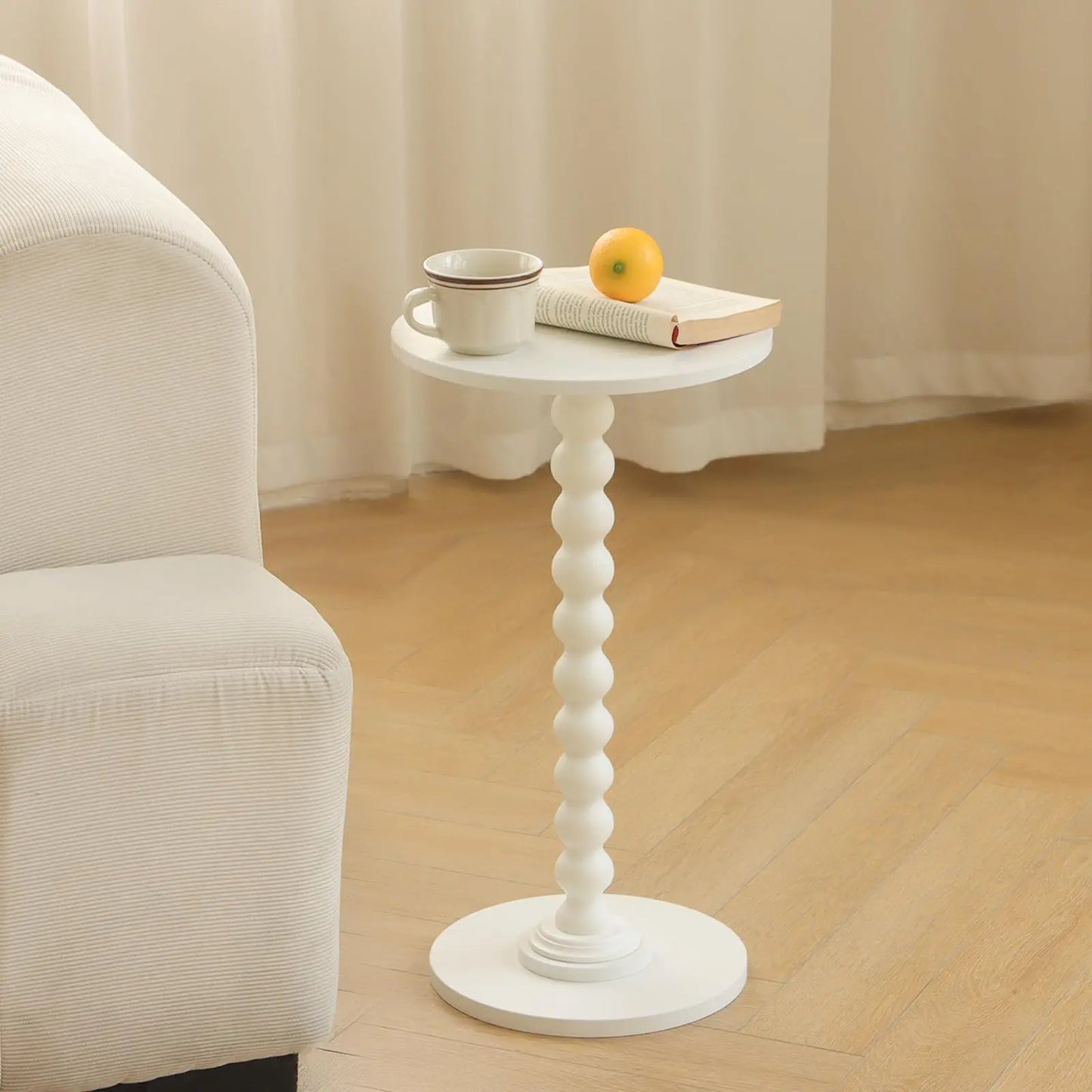 Round Side Table, Small Modern Drink Table with Solid Wood Legs for Living Room, Bedroom, Office, White Fultyle
