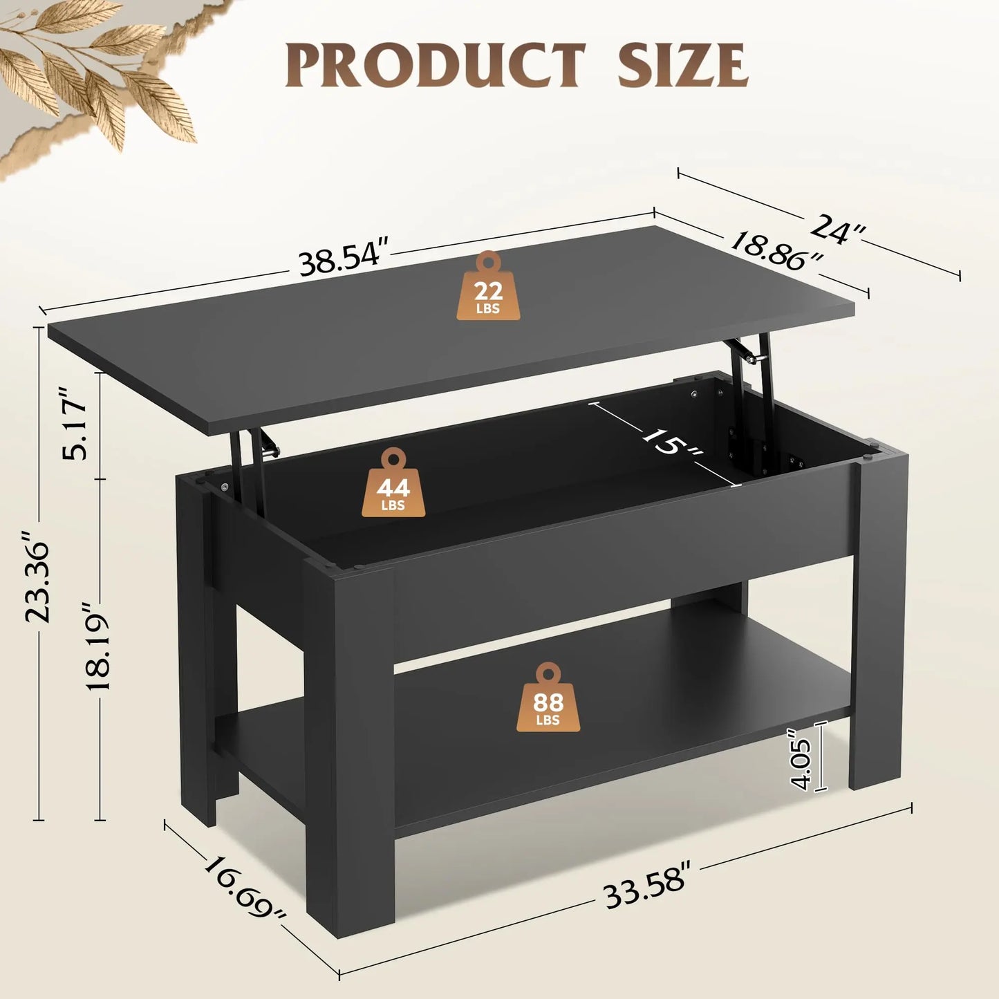 39" Lift Top Coffee Table with Hidden Compartment and Storage Shelf for Living Room or Office, Black WLIVE