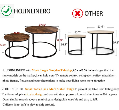 Industrial Round Coffee Table Set of 2, Stacking Side Tables with Wood-Look Top and Metal Frame for Living Room, Black/Rustic Brown HOJINLINERO