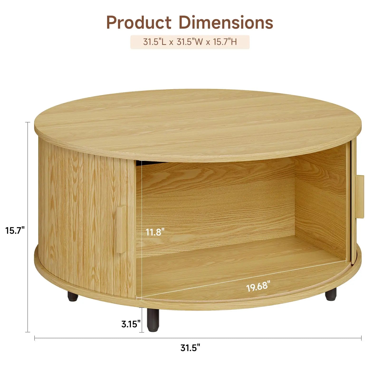 Round Coffee Table with Storage, 31.5" Modern Fluted Wood Table with 360° Sliding Door and Adjustable Footpads, Oak ONBRILL