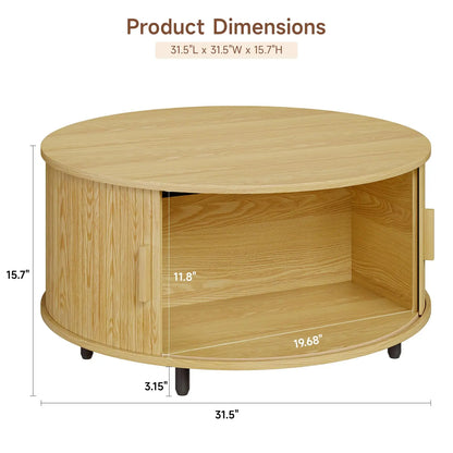 Round Coffee Table with Storage, 31.5" Modern Fluted Wood Table with 360° Sliding Door and Adjustable Footpads, Oak ONBRILL