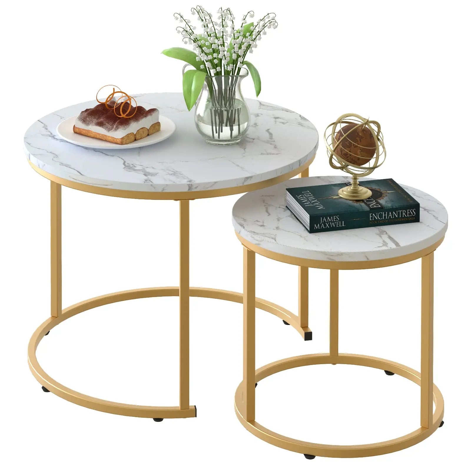 Nesting Coffee Table Set of 2, Round Marble Pattern Wooden Tables with Gold Frame for Living Room or Bedroom, White aboxoo