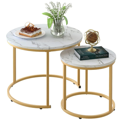 Nesting Coffee Table Set of 2, Round Marble Pattern Wooden Tables with Gold Frame for Living Room or Bedroom, White aboxoo
