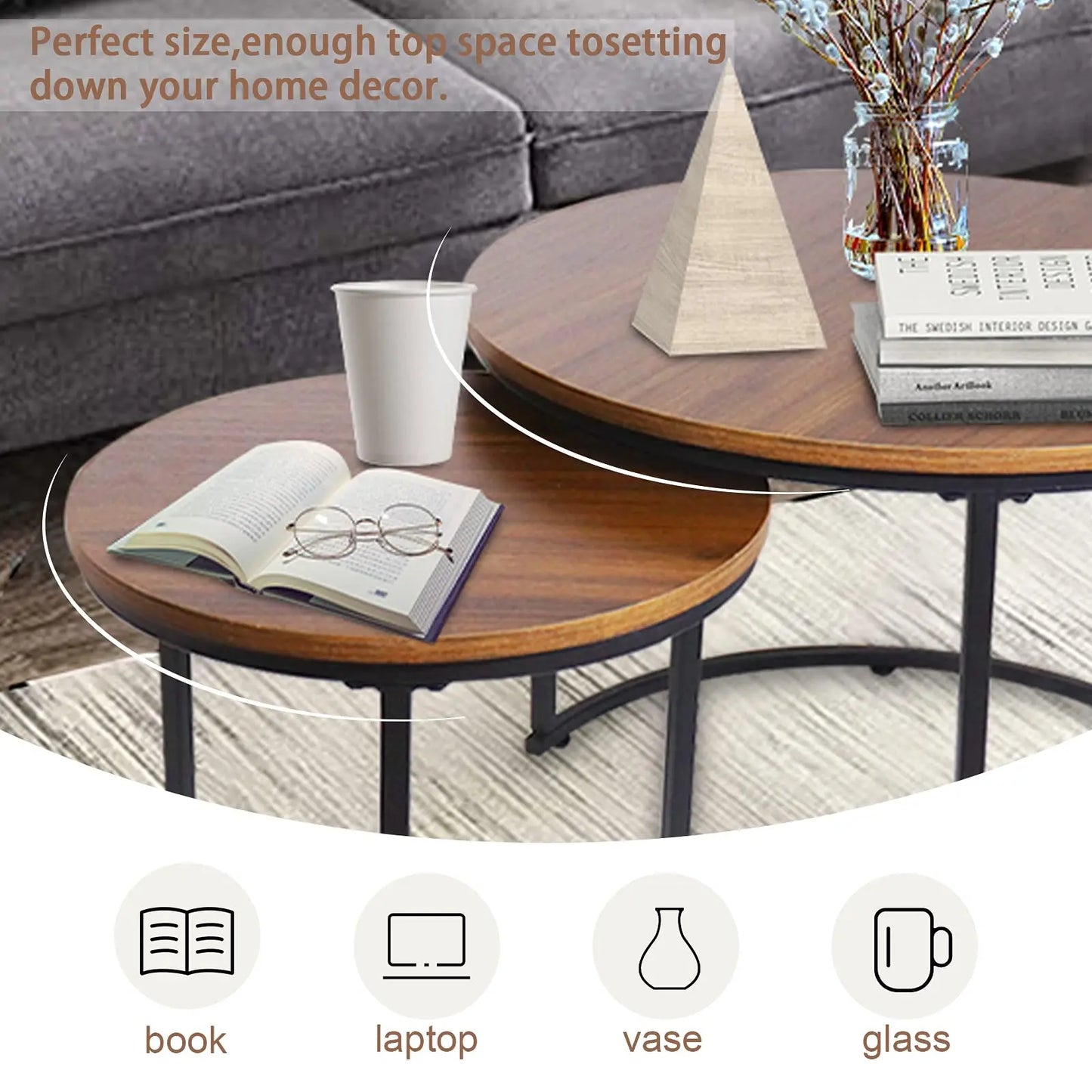 Nesting Coffee Table Set of 2, Round End Tables with Sturdy Metal Frame for Living Room or Bedroom, Modern Industrial Style aboxoo