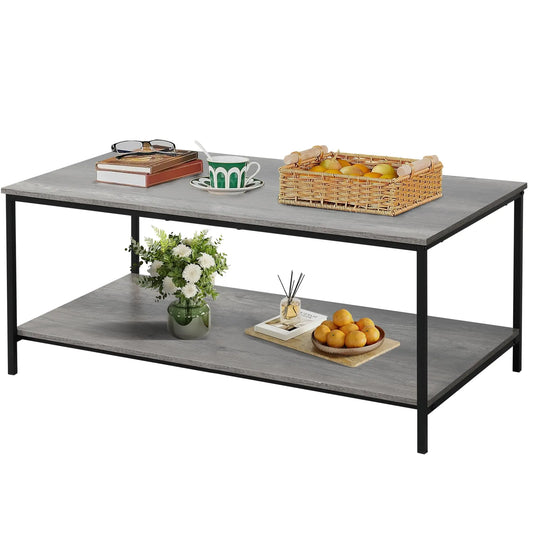 2-Tier Coffee Table with Storage Shelf, Grey Oak Wood and Metal Frame Rectangle Table for Living Room, 39.3"x20"x16" SENIG
