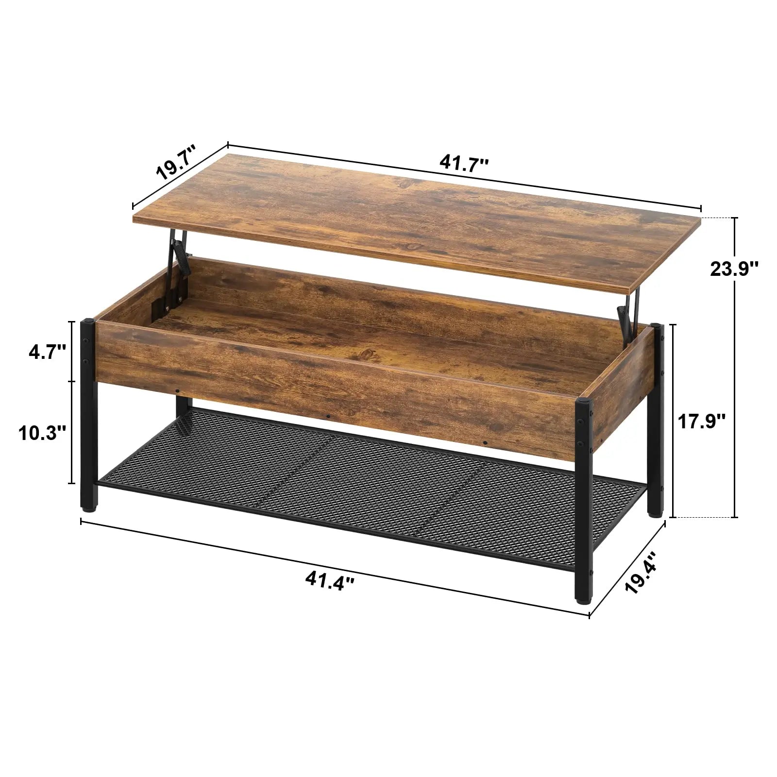 Lift Top Coffee Table with Storage Shelf and Hidden Compartment, Modern Wood and Metal Table for Living Room, Rustic Brown Homieasy
