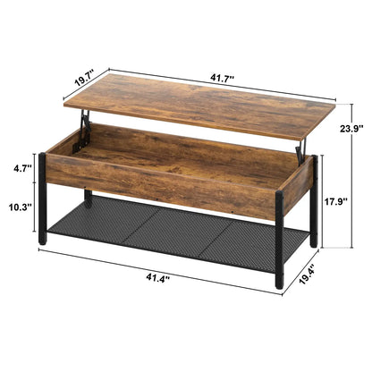 Lift Top Coffee Table with Storage Shelf and Hidden Compartment, Modern Wood and Metal Table for Living Room, Rustic Brown Homieasy