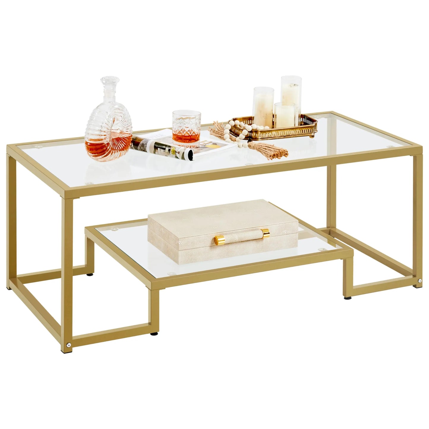 42" Rectangular Glass Coffee Table with Gold Metal Frame, 2-Tier Center Table for Living Room, Office, or Small Spaces Yaheetech