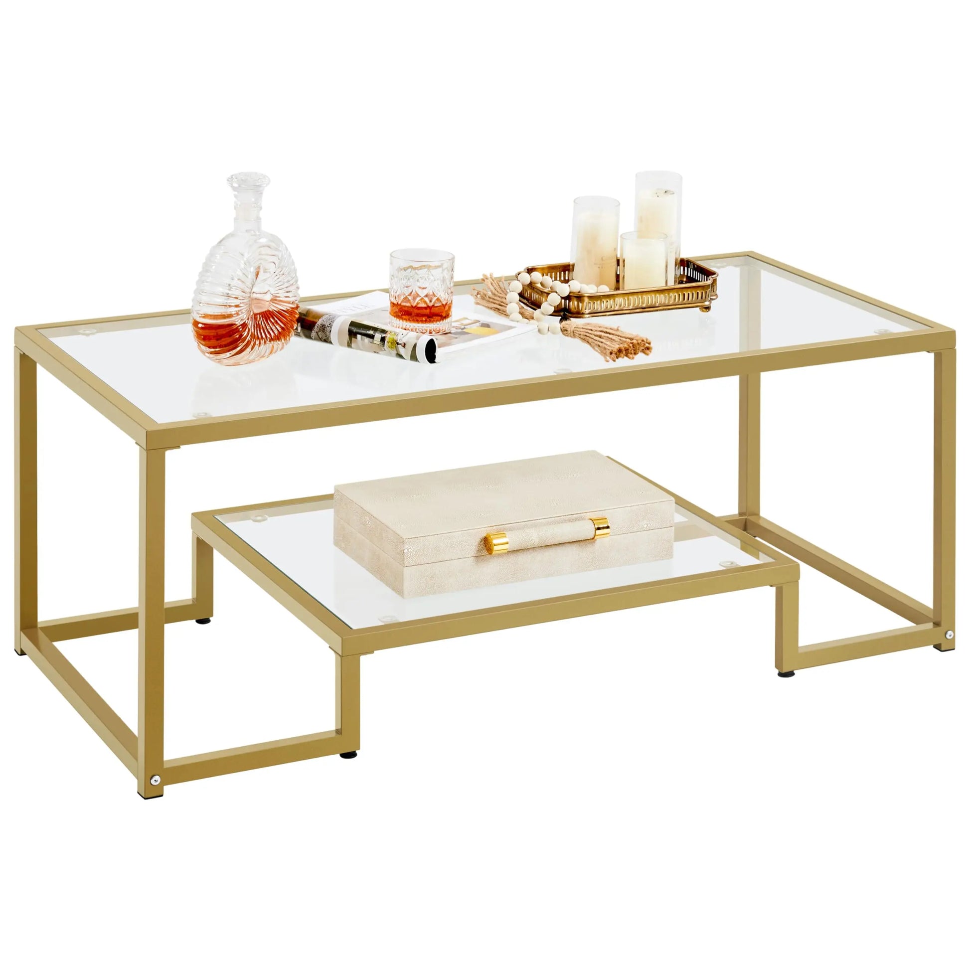 42" Rectangular Glass Coffee Table with Gold Metal Frame, 2-Tier Center Table for Living Room, Office, or Small Spaces Yaheetech