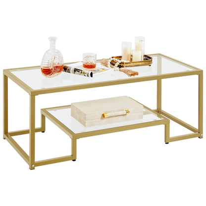 42" Rectangular Glass Coffee Table with Gold Metal Frame, 2-Tier Center Table for Living Room, Office, or Small Spaces Yaheetech