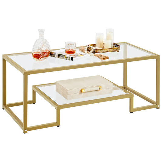 42" Rectangular Glass Coffee Table with Gold Metal Frame, 2-Tier Center Table for Living Room, Office, or Small Spaces Yaheetech