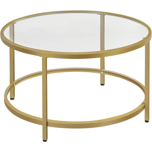 27.6" Round Glass Coffee Table with Gold Metal Frame for Living Room, Office, or Apartment - Ruche Bee