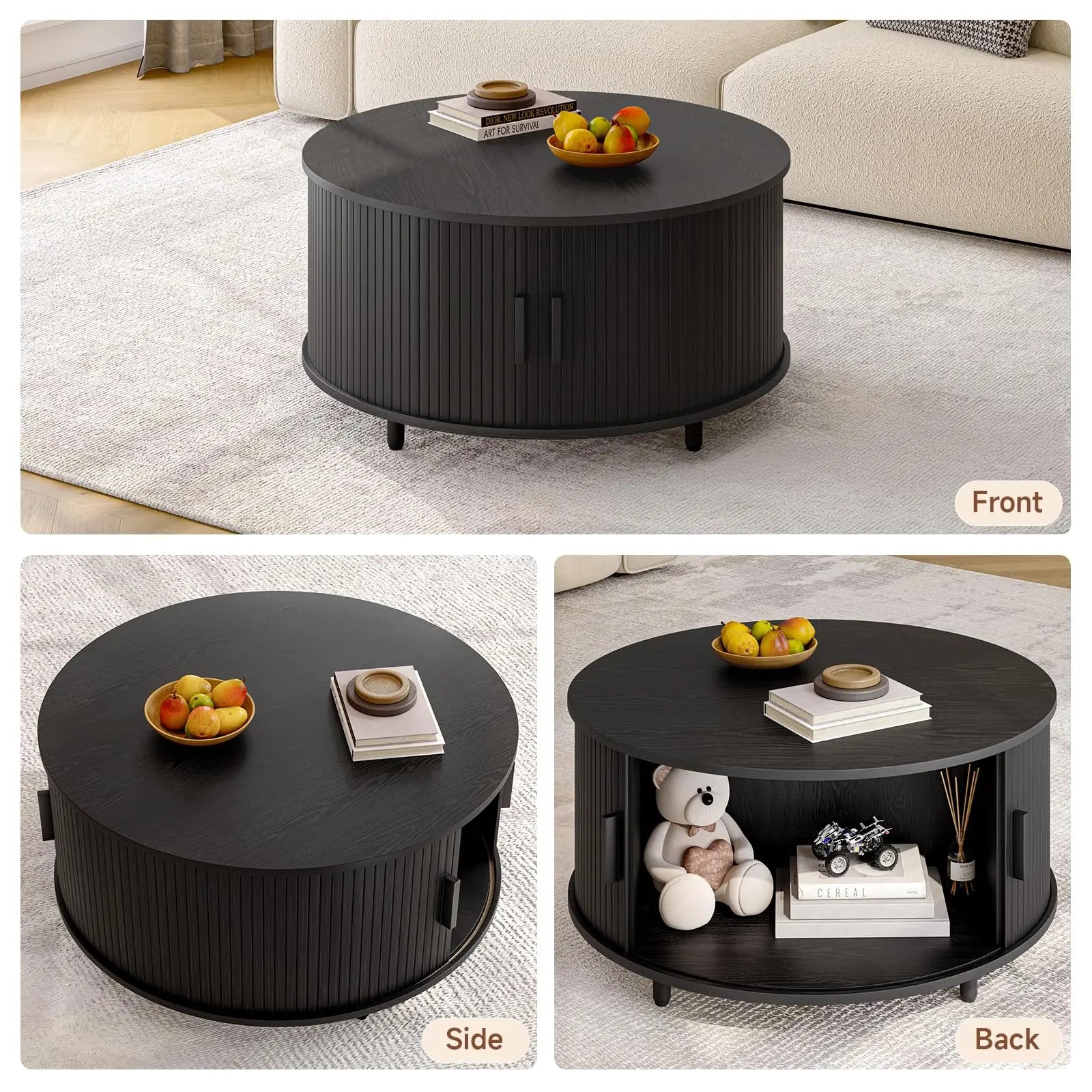 Round Coffee Table with Storage, 31.5" Modern Fluted Wood Table with 360° Sliding Door and Adjustable Footpads, Black ONBRILL