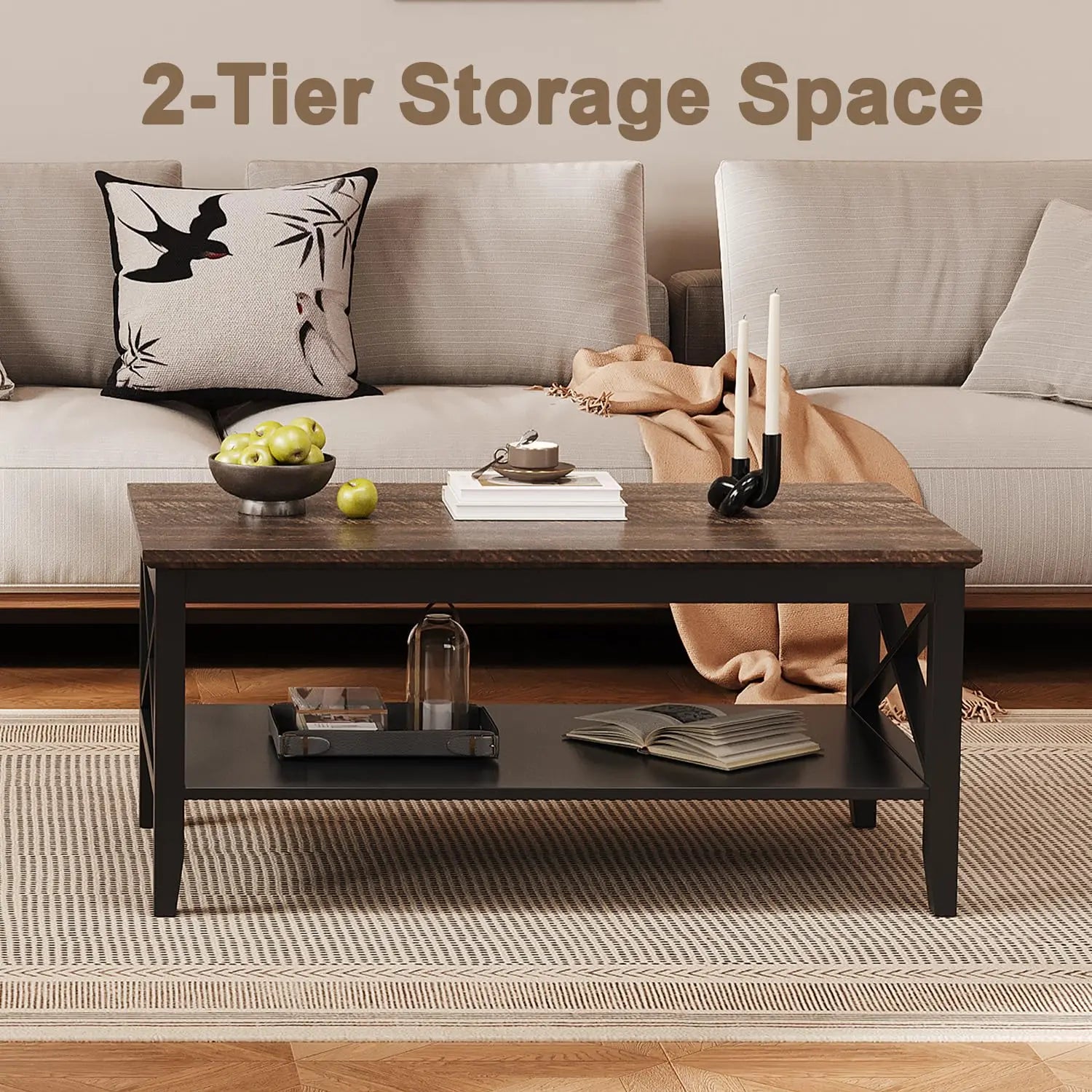 Black Wooden Coffee Table with Thick Legs and Storage for Living Room ChooChoo