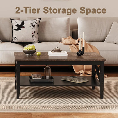 Black Wooden Coffee Table with Thick Legs and Storage for Living Room ChooChoo