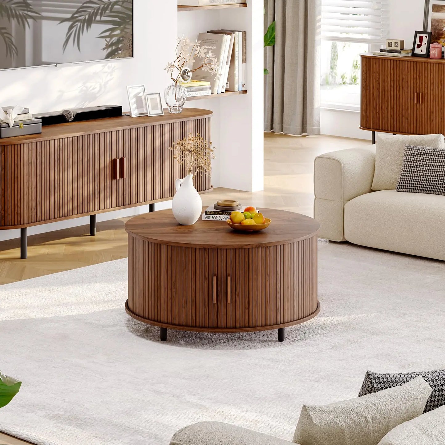 Round Coffee Table with Storage, 31.5" Modern Fluted Wood Table with 360° Sliding Door and Adjustable Footpads, Walnut ONBRILL