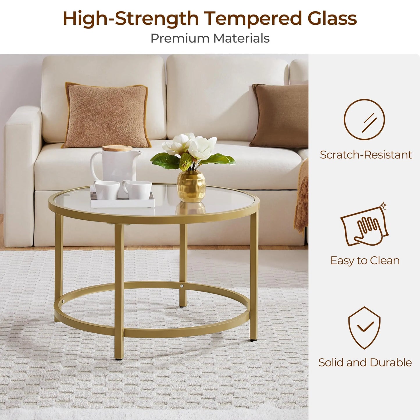27.6" Round Glass Coffee Table with Gold Metal Frame for Living Room, Office, or Apartment - Ruche Bee