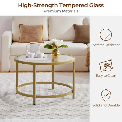 27.6" Round Glass Coffee Table with Gold Metal Frame for Living Room, Office, or Apartment - Ruche Bee