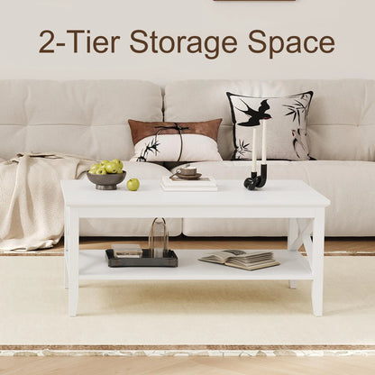 White Rectangular Coffee Table with X Design and Storage Shelf, 39 Inch Modern Living Room Table ChooChoo