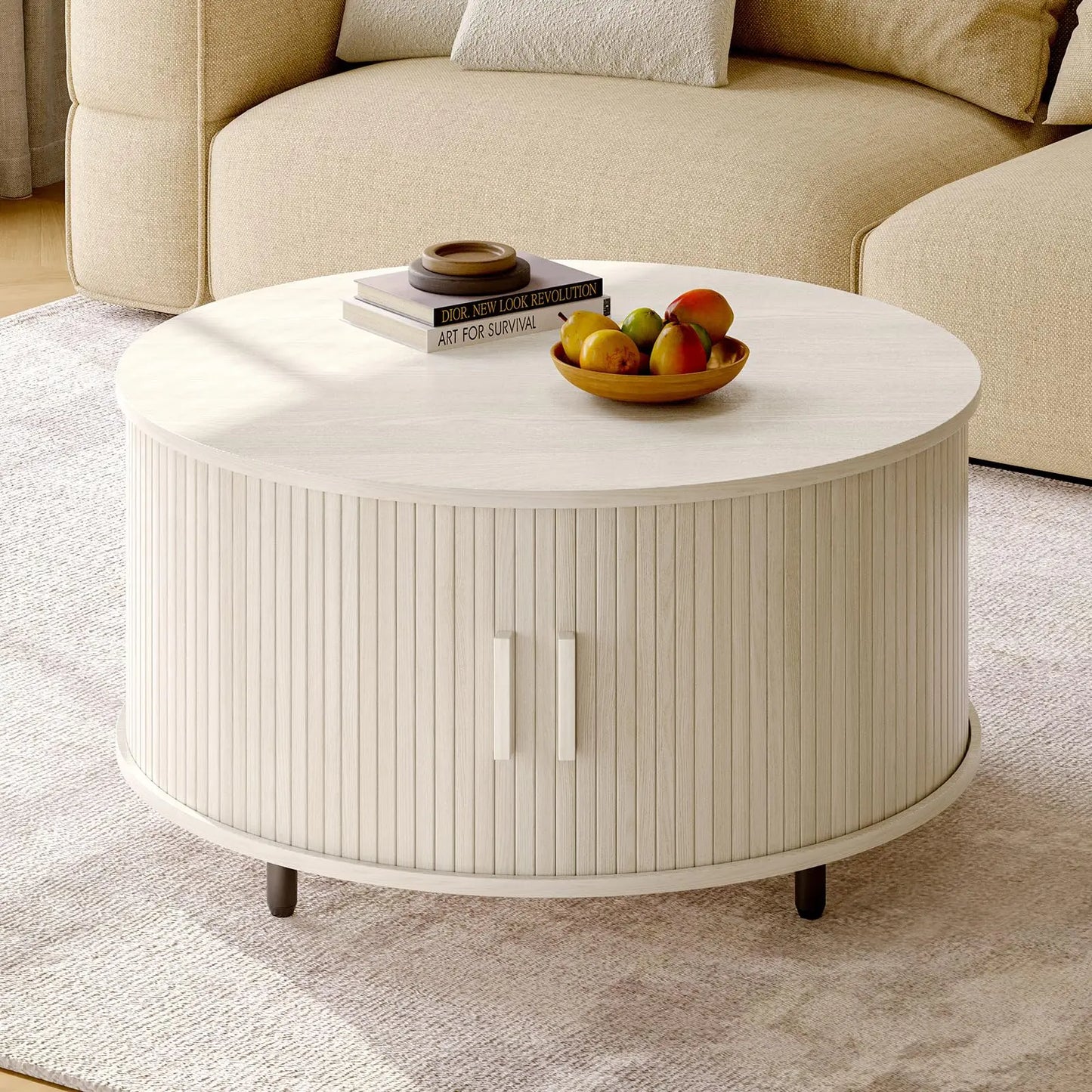 Round Coffee Table with Storage, 31.5" Modern Fluted Wood Table with 360° Sliding Door and Adjustable Footpads, Natural White ONBRILL