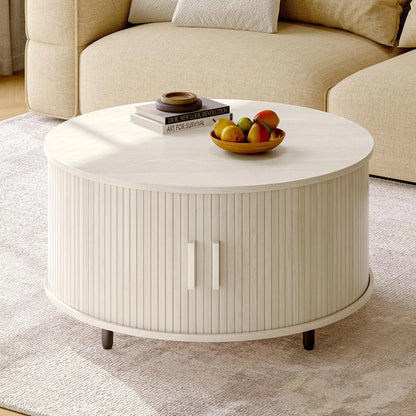 Round Coffee Table with Storage, 31.5" Modern Fluted Wood Table with 360° Sliding Door and Adjustable Footpads, Natural White ONBRILL