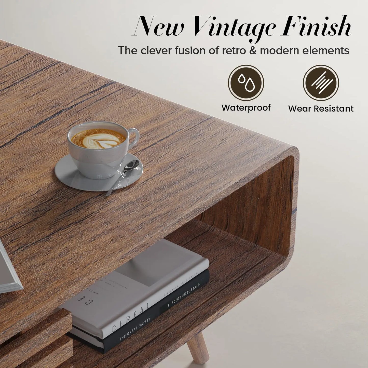 Farmhouse Wood Coffee Table with Storage for Living Room, Easy Assembly, Walnut Easyego