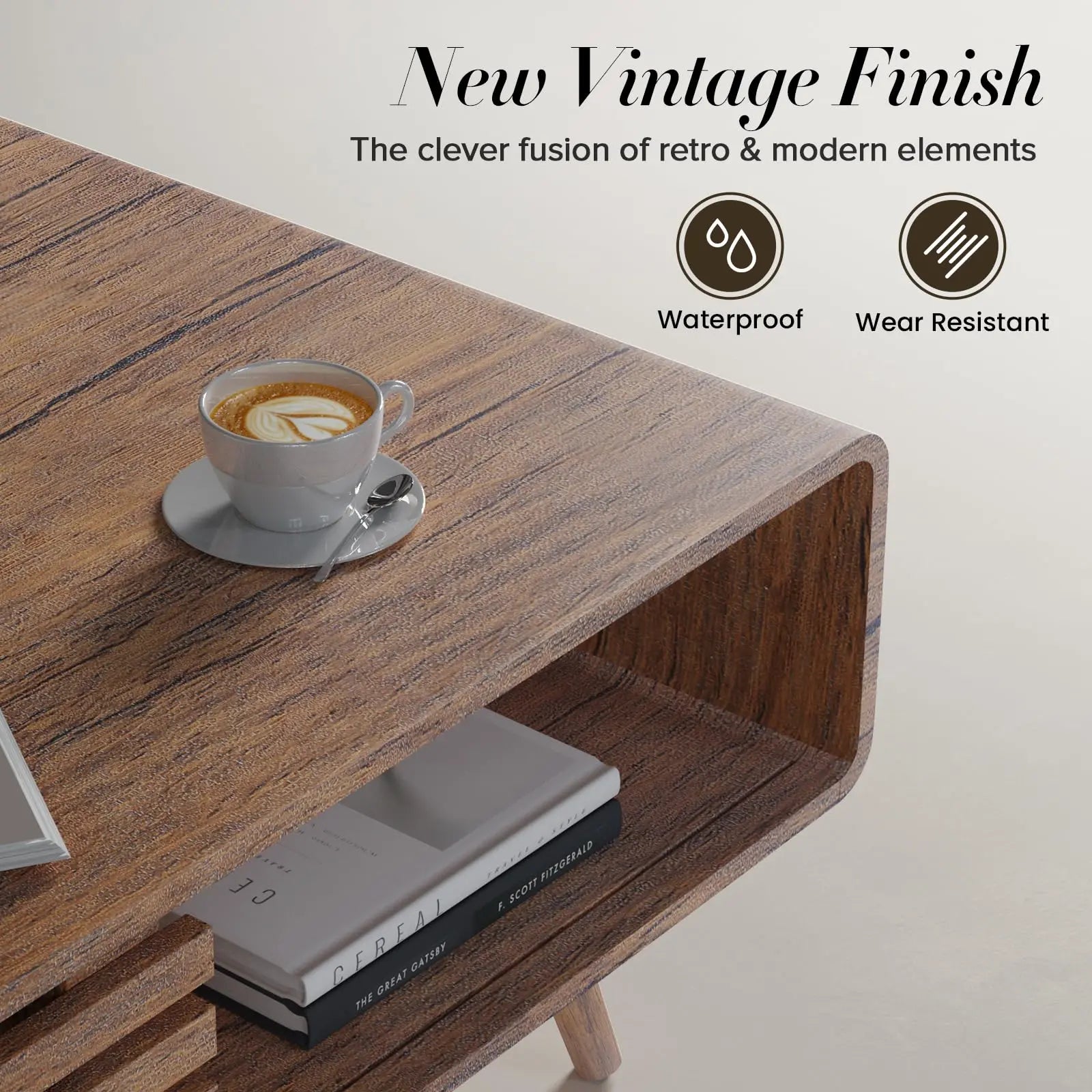 Farmhouse Wood Coffee Table with Storage for Living Room, Easy Assembly, Walnut Easyego