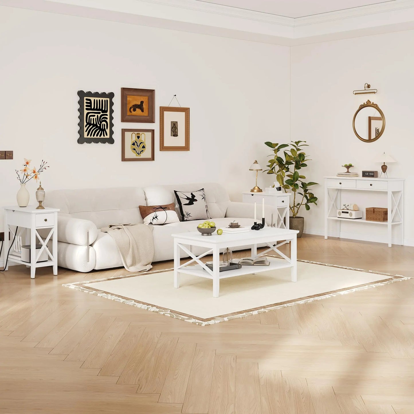 White Rectangular Coffee Table with X Design and Storage Shelf, 39 Inch Modern Living Room Table ChooChoo