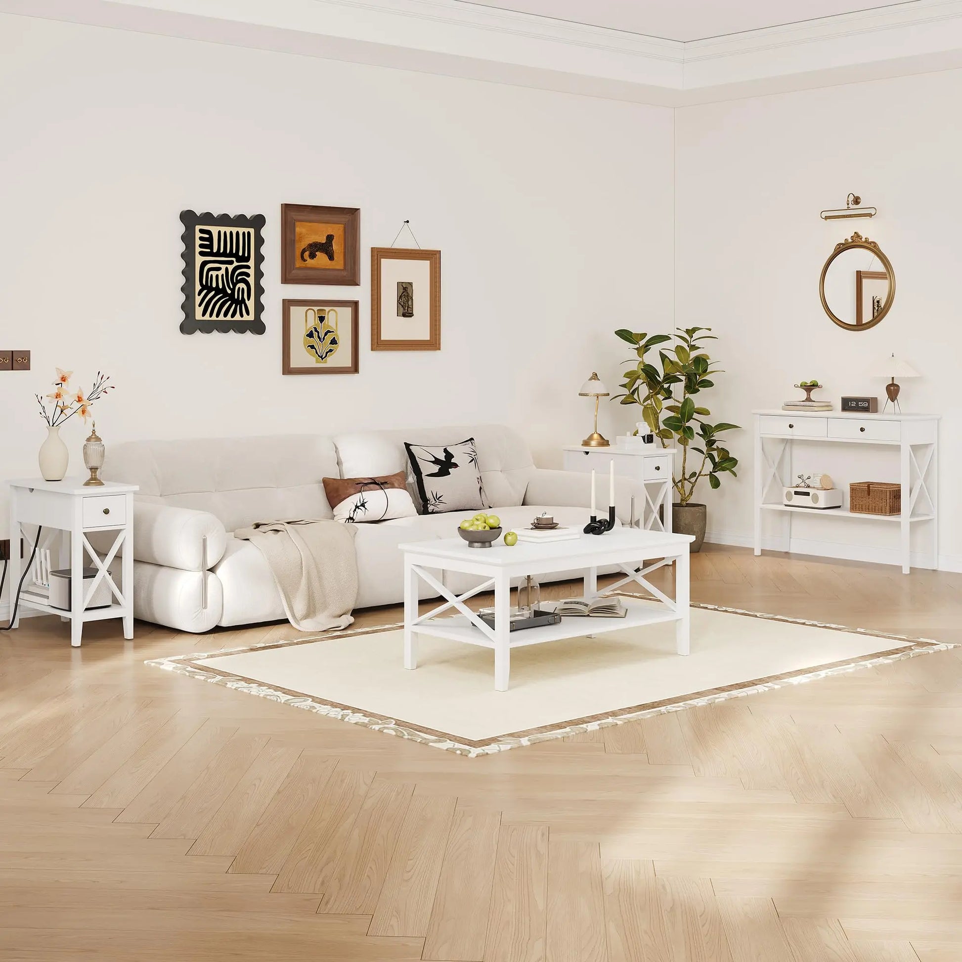 White Rectangular Coffee Table with X Design and Storage Shelf, 39 Inch Modern Living Room Table ChooChoo