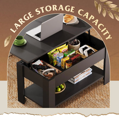 39" Lift Top Coffee Table with Hidden Compartment and Storage Shelf for Living Room or Office, Black WLIVE