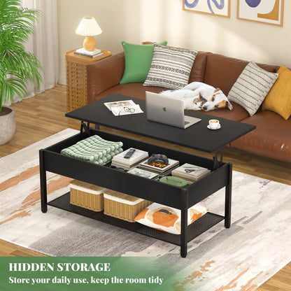Lift Top Coffee Table with Storage Shelf and Hidden Compartment, Modern Wood and Metal Table for Living Room, Black Homieasy