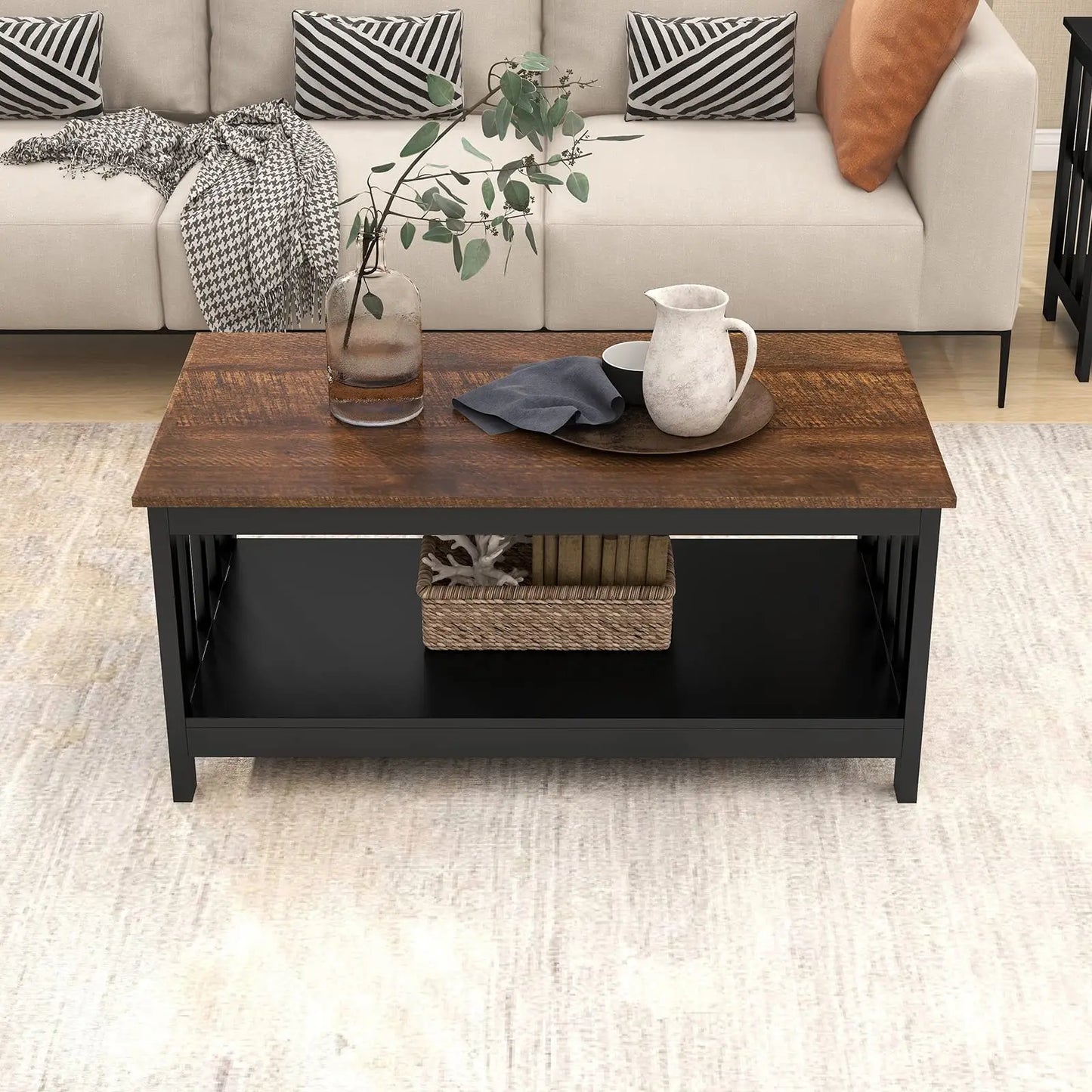 Black Farmhouse Coffee Table with Shelf, 40 Inch Living Room Table ChooChoo
