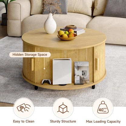 Round Coffee Table with Storage, 31.5" Modern Fluted Wood Table with 360° Sliding Door and Adjustable Footpads, Oak ONBRILL