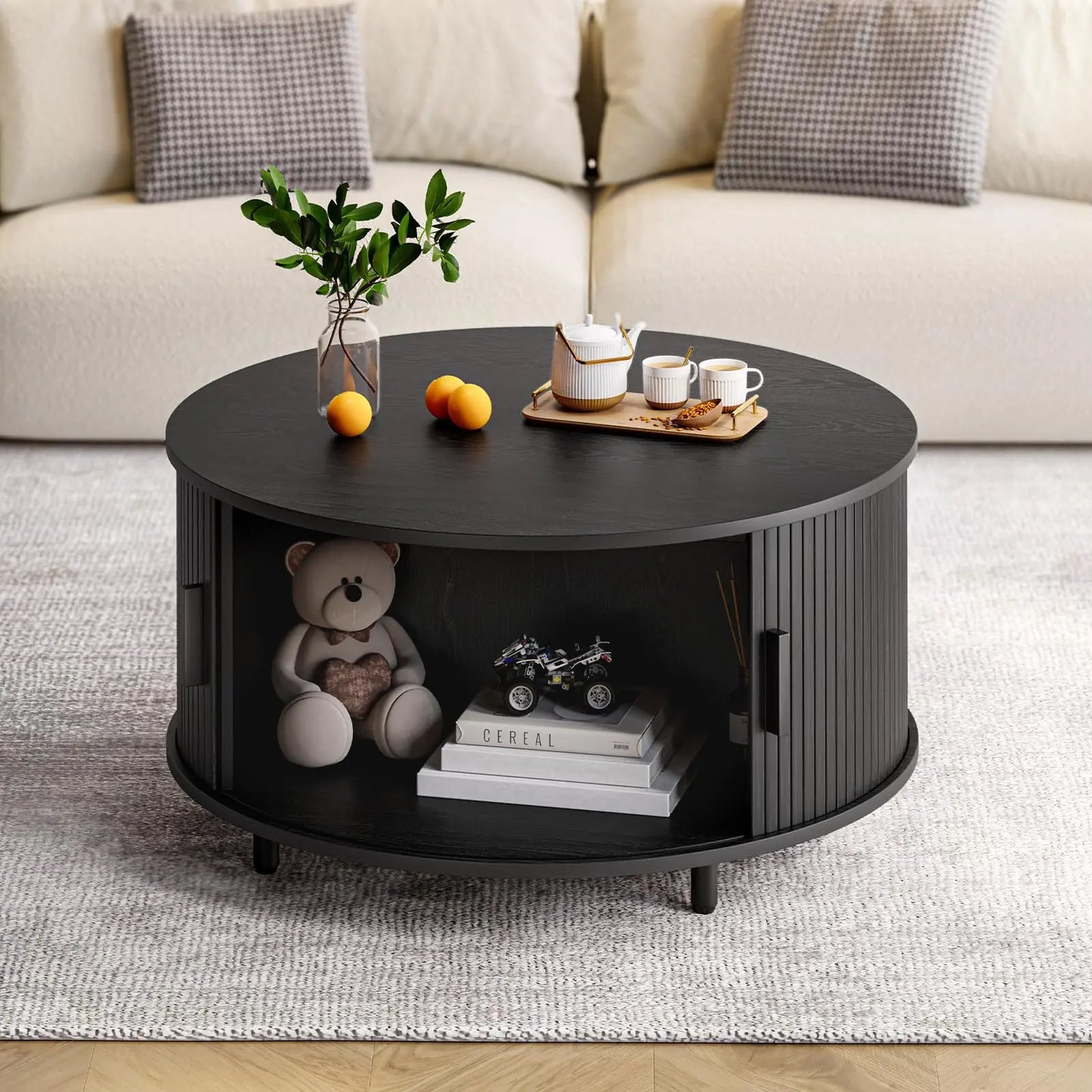 Round Coffee Table with Storage, 31.5" Modern Fluted Wood Table with 360° Sliding Door and Adjustable Footpads, Black ONBRILL