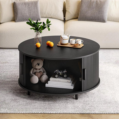 Round Coffee Table with Storage, 31.5" Modern Fluted Wood Table with 360° Sliding Door and Adjustable Footpads, Black ONBRILL