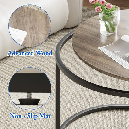 Nesting Coffee Table Set of 2, Round End Tables with Sturdy Metal Frame for Living Room or Bedroom, Oak aboxoo