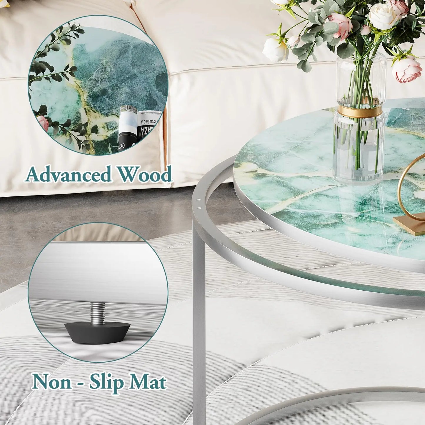 Nesting Coffee Table Set of 2, Round Green Art Top Tables with Sturdy Metal Frame for Living Room or Bedroom, Modern Industrial Style aboxoo