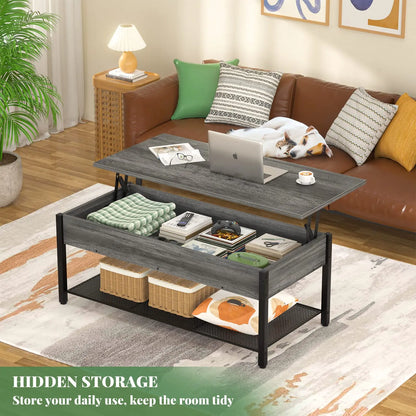 Lift Top Coffee Table with Storage Shelf and Hidden Compartment, Modern Wood and Metal Table for Living Room, Black Oak Homieasy