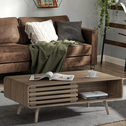 Farmhouse Wood Coffee Table with Storage for Living Room, Easy Assembly, Light Brown Easyego