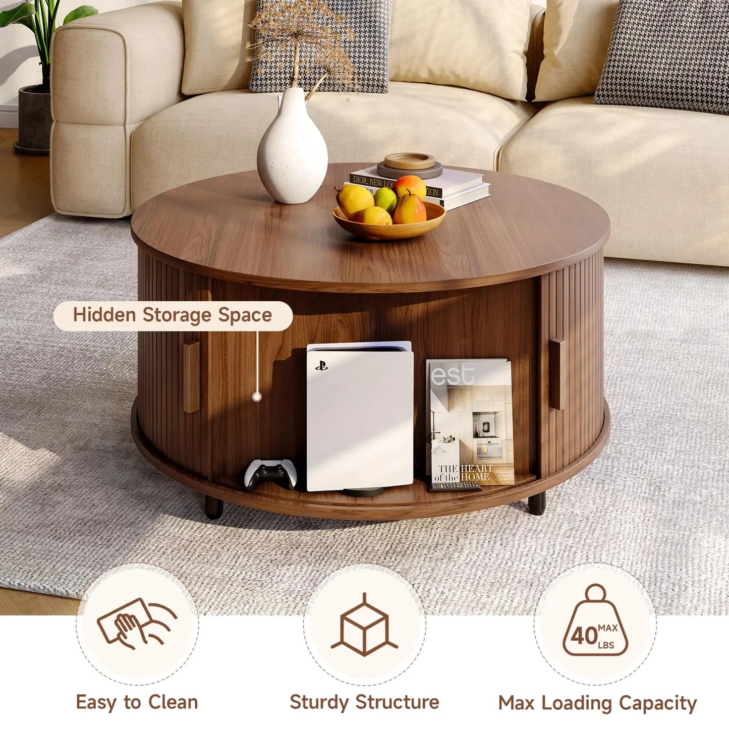 Round Coffee Table with Storage, 31.5" Modern Fluted Wood Table with 360° Sliding Door and Adjustable Footpads, Walnut ONBRILL