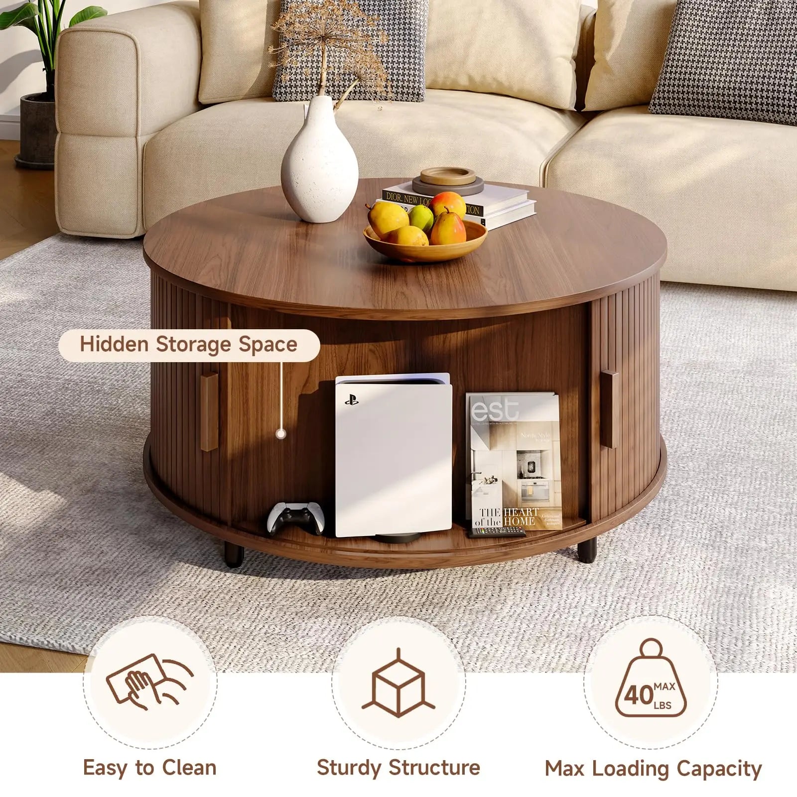 Round Coffee Table with Storage, 31.5" Modern Fluted Wood Table with 360° Sliding Door and Adjustable Footpads, Walnut ONBRILL