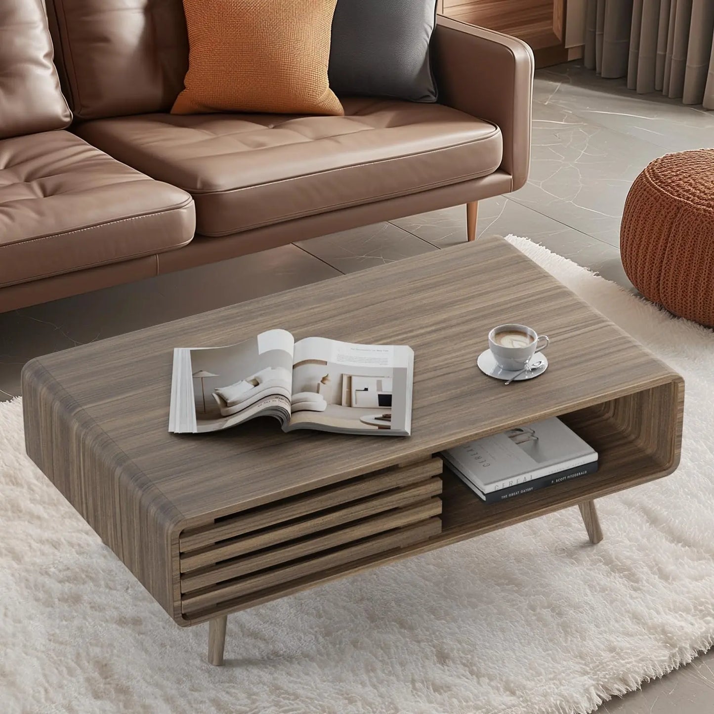 Farmhouse Wood Coffee Table with Storage for Living Room, Easy Assembly, Light Brown Easyego