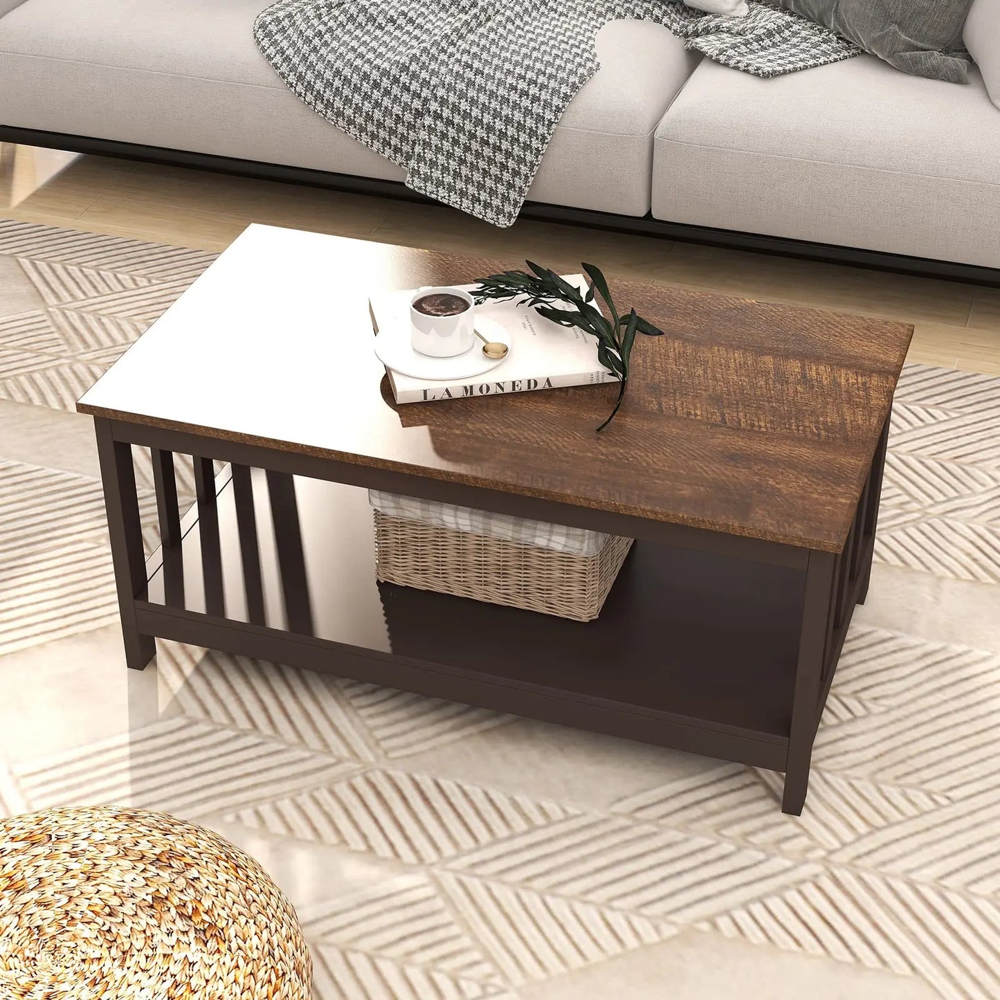 Espresso Farmhouse Coffee Table with Shelf, 40 Inch Living Room Table ChooChoo