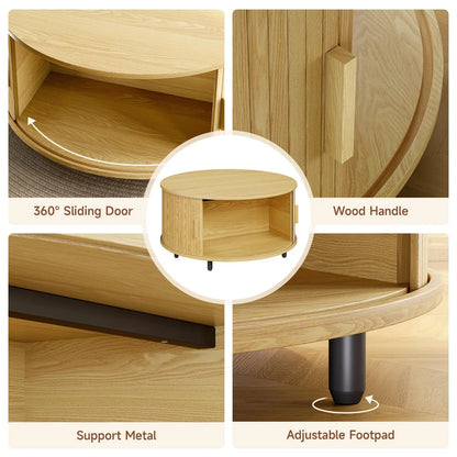 Round Coffee Table with Storage, 31.5" Modern Fluted Wood Table with 360° Sliding Door and Adjustable Footpads, Oak ONBRILL