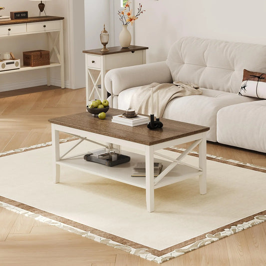 White Wooden Farmhouse Coffee Table with Thick Legs and Storage for Living Room ChooChoo