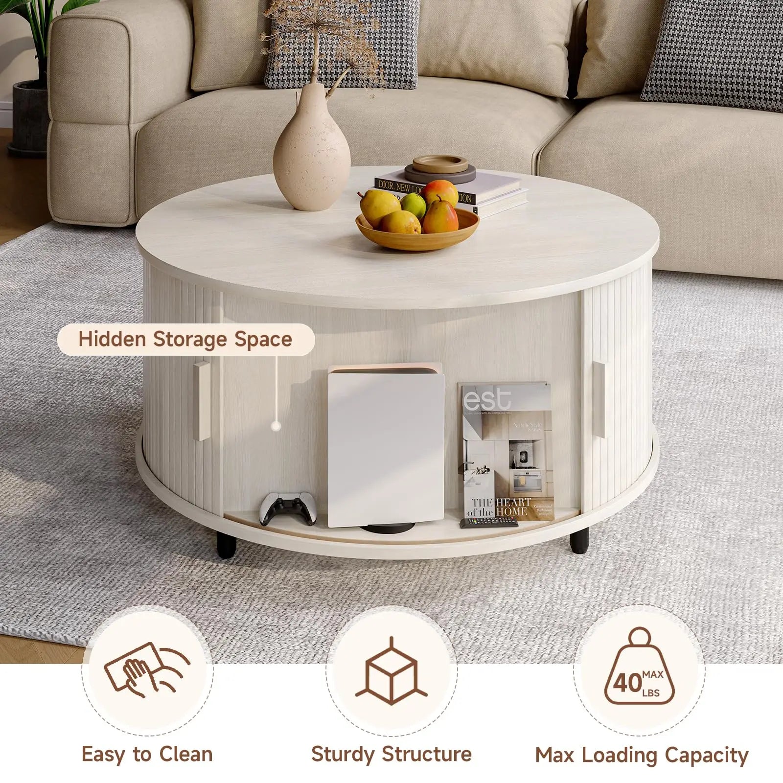 Round Coffee Table with Storage, 31.5" Modern Fluted Wood Table with 360° Sliding Door and Adjustable Footpads, Natural White ONBRILL