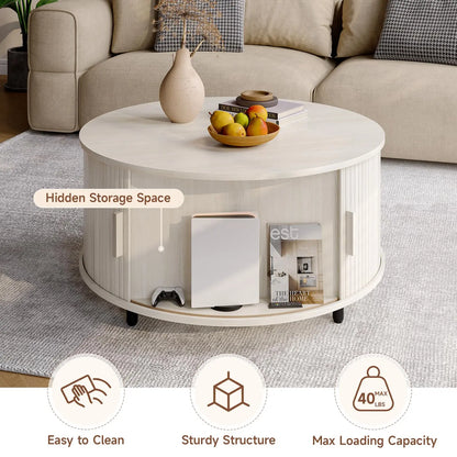 Round Coffee Table with Storage, 31.5" Modern Fluted Wood Table with 360° Sliding Door and Adjustable Footpads, Natural White ONBRILL